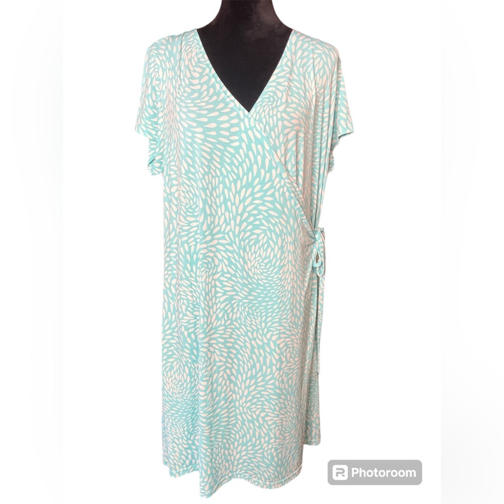 Attention Teal & White Teardrop Wrap MIDI Dress
